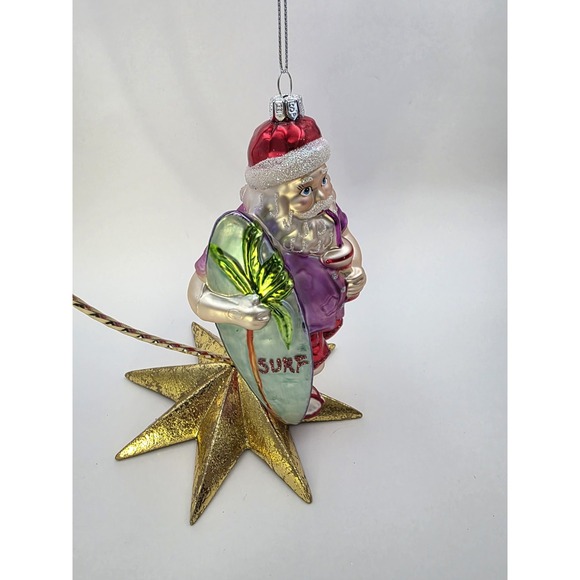Surfer Santa Drinking Blown Glass Christmas Ornament Surf Board Beach 5" Tall - Picture 4 of 9